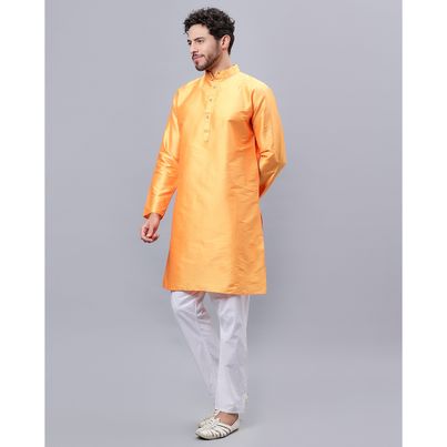 Mad Over Print Yellow Blended Silk Kurta Men - S Mad Over Print Yellow Blended Silk Kurta Men - S