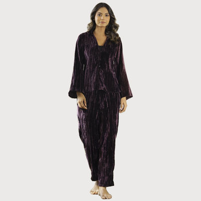 Sanskrutihomes Self Design Shirt Collar Night Suit | Violet | L Sanskrutihomes Self Design Shirt Collar Night Suit | Violet | L