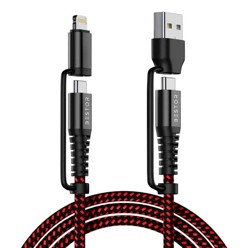 Bestor 4-In-1 Multi Fast Charging Cable 60W Nylon Braided Cord,3A USB A/C to Type C/Lightning Fast Sync Charger Adapter for Most Phones & Tablets (1.2 M) - Red & Black Bestor 4-In-1 Multi Fast Charging Cable 60W Nylon Braided Cord,3A USB A/C to Type C/Lightning Fast Sync Charger Adapter for Most Phones & Tablets (1.2 M) - Red & Black