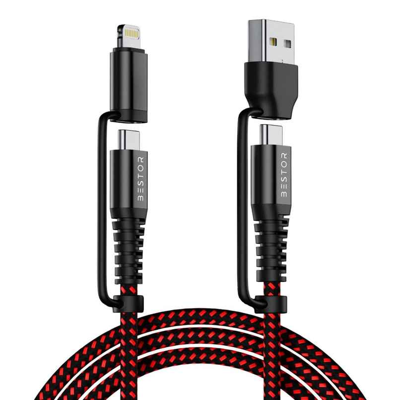 Bestor 4-In-1 Multi Fast Charging Cable 60W Nylon Braided Cord,3A USB A/C to Type C/Lightning Fast Sync Charger Adapter for Most Phones & Tablets (1.2 M) - Red & Black Bestor 4-In-1 Multi Fast Charging Cable 60W Nylon Braided Cord,3A USB A/C to Type C/Lightning Fast Sync Charger Adapter for Most Phones & Tablets (1.2 M) - Red & Black