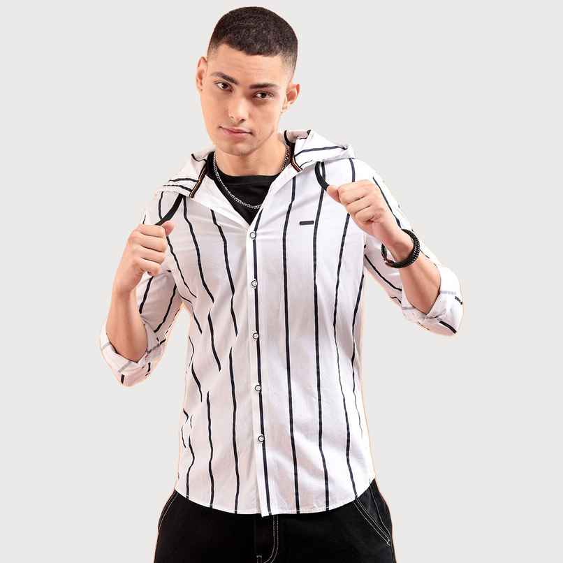 The Indian Garage Co Men's Slim Fit Vertical Striped Casual Shirt | White - M
