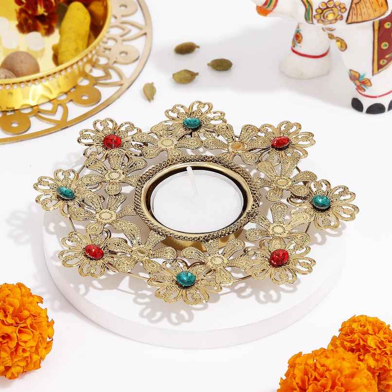 Tealight Holder | Flower Design | Metal | Gold | IGP