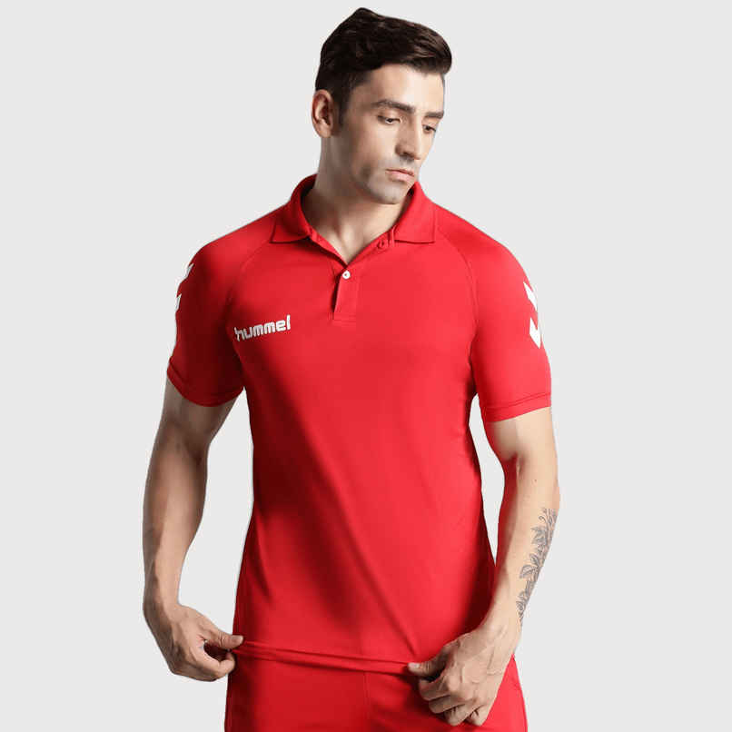 hummel Men's Core functional Polo Neck Solid Regular Fit Gym T-shirt | True Red - L