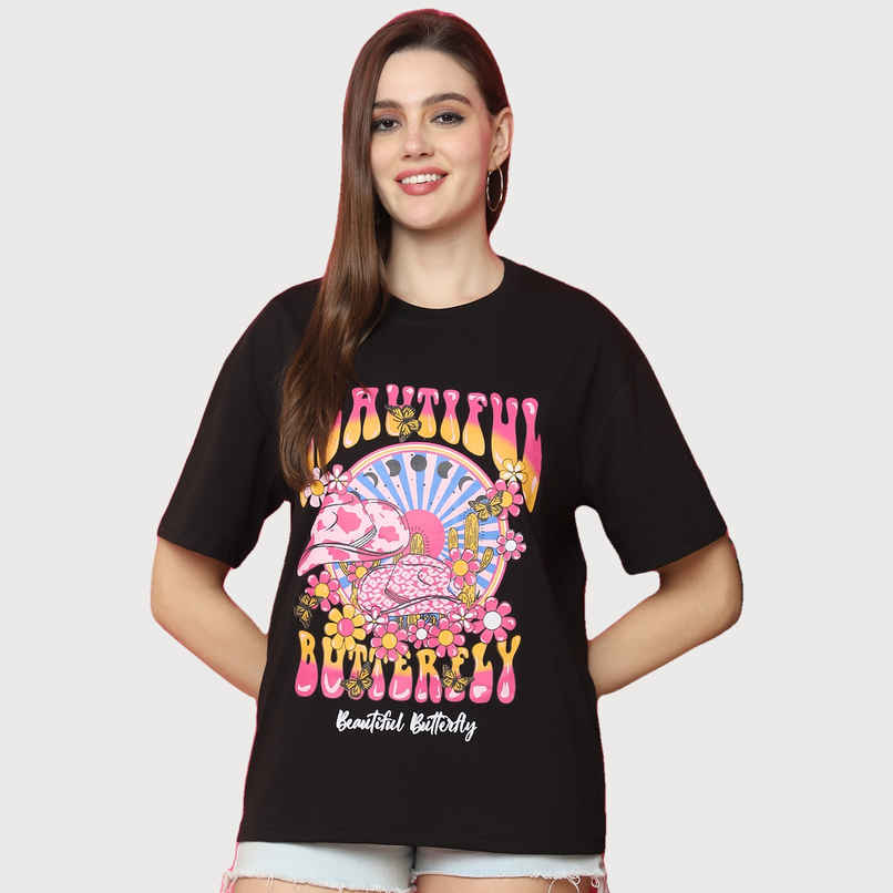 Fabflee Women Oversize Cotton Printed Round Neck Tshirt | Black | FAB-OS-519 | S Fabflee Women Oversize Cotton Printed Round Neck Tshirt | Black | FAB-OS-519 | S