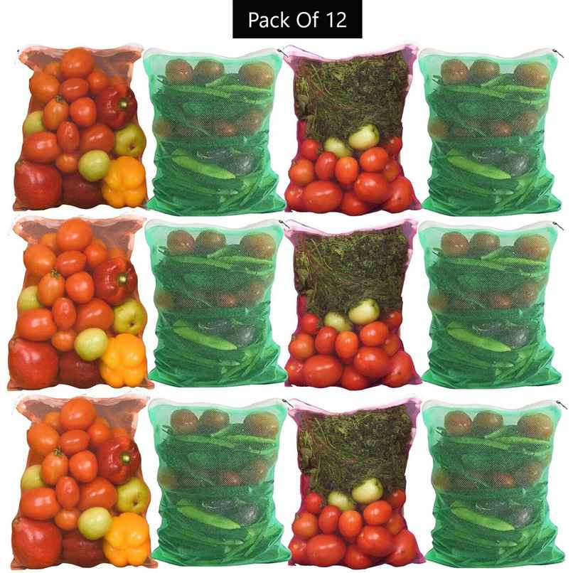 Daluci Multi-Purpose Washable Zip Mesh Bags For Vegetables and Fruits Storage | Pack Of 12