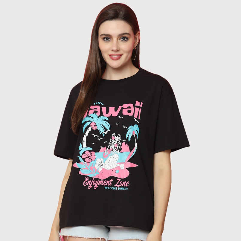 Fabflee Women Oversize Cotton Printed Round Neck Tshirt | Black | FAB-OS-531 | S Fabflee Women Oversize Cotton Printed Round Neck Tshirt | Black | FAB-OS-531 | S
