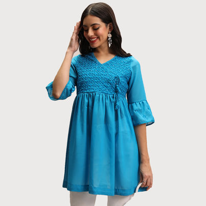 Ketch Women's Embroidered V-Neck Bell Sleeves Tunic | Blue | S Ketch Women's Embroidered V-Neck Bell Sleeves Tunic | Blue | S