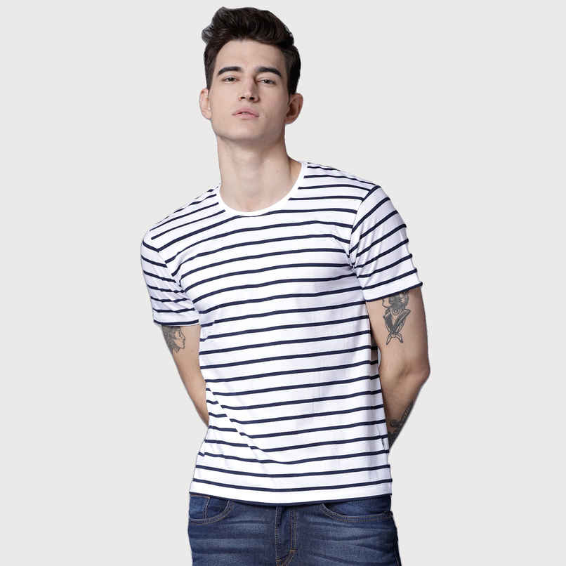 Highlander by Rohit Sharma Men's Slim Fit Cotton T-shirt - Peacoat Navy and White | L