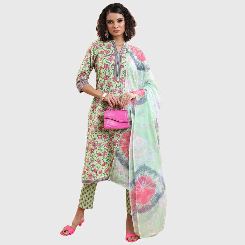 Ketch Women's Floral Printed Regular Kurta With Trousers Dupatta | Green | S