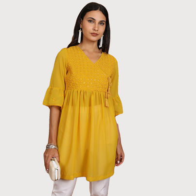 Ketch Women's Ethnic Motifs Embroidered V-Neck Bell Sleeve Pleated A-Line Kurti | Mustard | L Ketch Women's Ethnic Motifs Embroidered V-Neck Bell Sleeve Pleated A-Line Kurti | Mustard | L