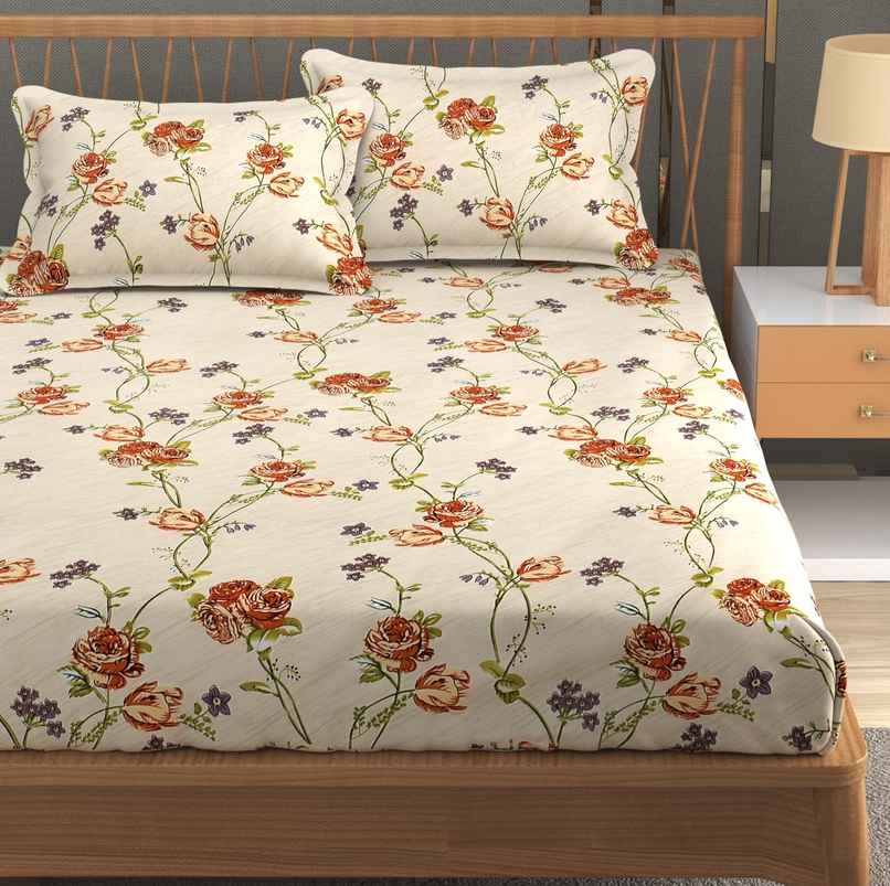 Furnofy Fitted 140 Gsm Floral Bedsheet | With 2 Pillow Covers | White | 78 x 72 in