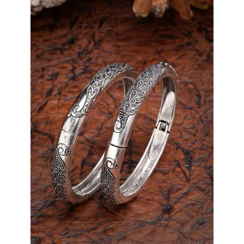 NVR Women's Set of 2 Silver-toned German Silver Peacock Design Oxidised Kada Bangle | NVR2478 NVR Women's Set of 2 Silver-toned German Silver Peacock Design Oxidised Kada Bangle | NVR2478