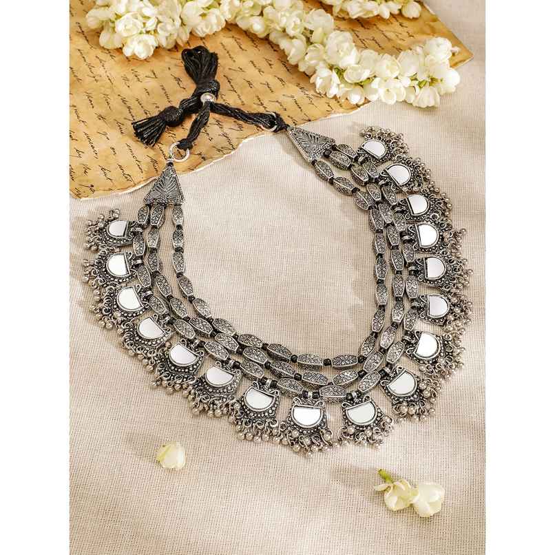Rubans Silver-Plated Multilayer Mirror Necklace with Intricate Beaded Detailing