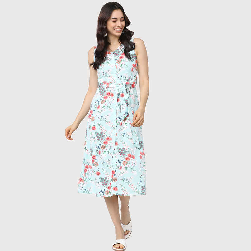Tokyo Talkies Women's Floral Printed A-Line Midi Dress With Belt | Blue - M