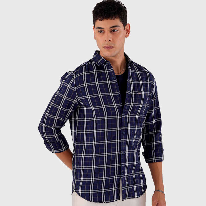 The Indian Garage Co Men's Slim Fit Checkered Casual Shirt | Navy Blue - S