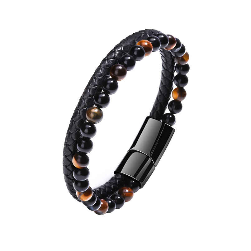 Yellow Chimes Men Black & Orange Beaded Stretchable Bracelet