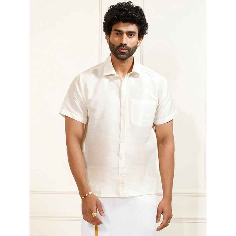 Vastramay Mens Silk Blend Casual Shirt | Cream Short Sleeve Elegant Fit with Patch Pocket - XL