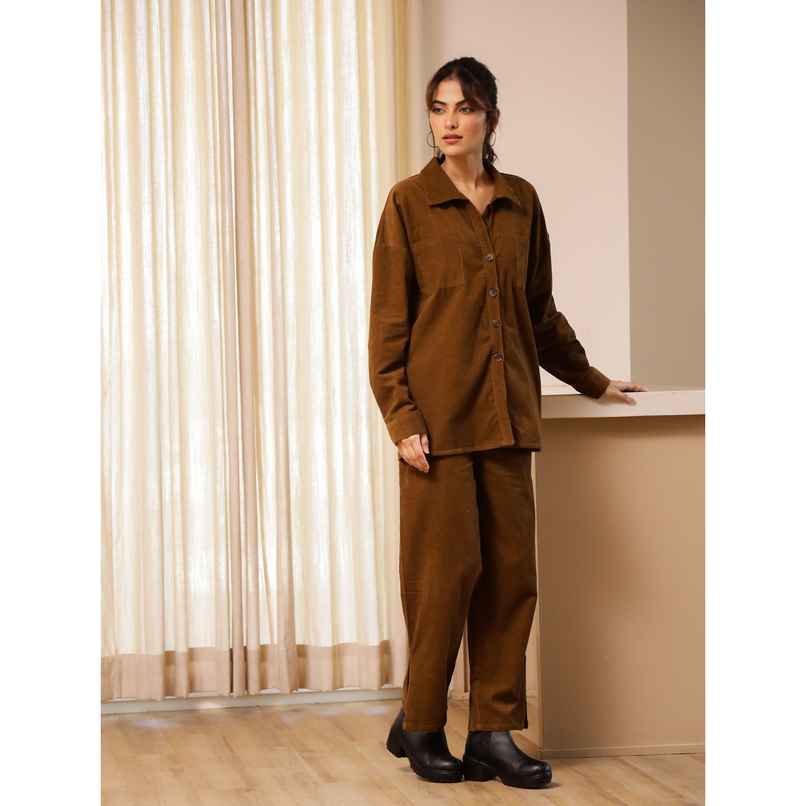 Sanskrutihomes Women Shirt Collar Pure Cotton Brown Night Suit SE-NSP-684 | M