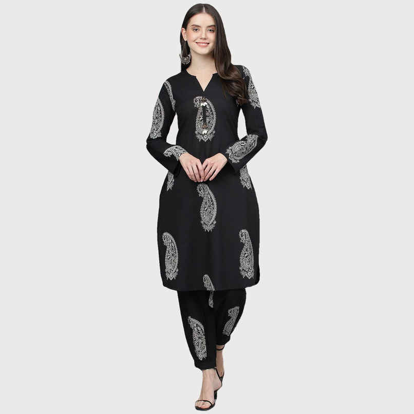 Divena Women's Cotton Straight Kurta with Curve Hem Pant Set | DK0800 | Black - S