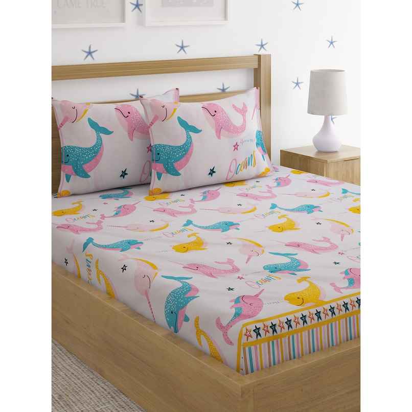 Hosta Homes 220 Gsm Glaced Cotton Dolphin Printed Double Bed Sheet With 2 Pillow Covers Hosta Homes 220 Gsm Glaced Cotton Dolphin Printed Double Bed Sheet With 2 Pillow Covers