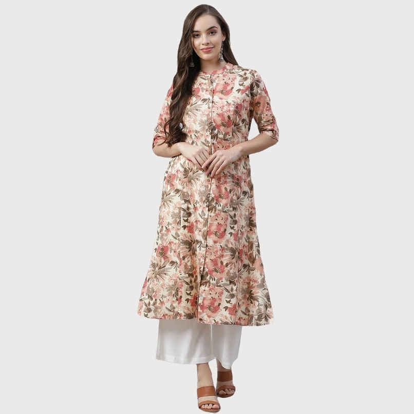 Divena Women s Cream Cotton Floral Print A-Line Kurta | DBK0336 | M Divena Women s Cream Cotton Floral Print A-Line Kurta | DBK0336 | M