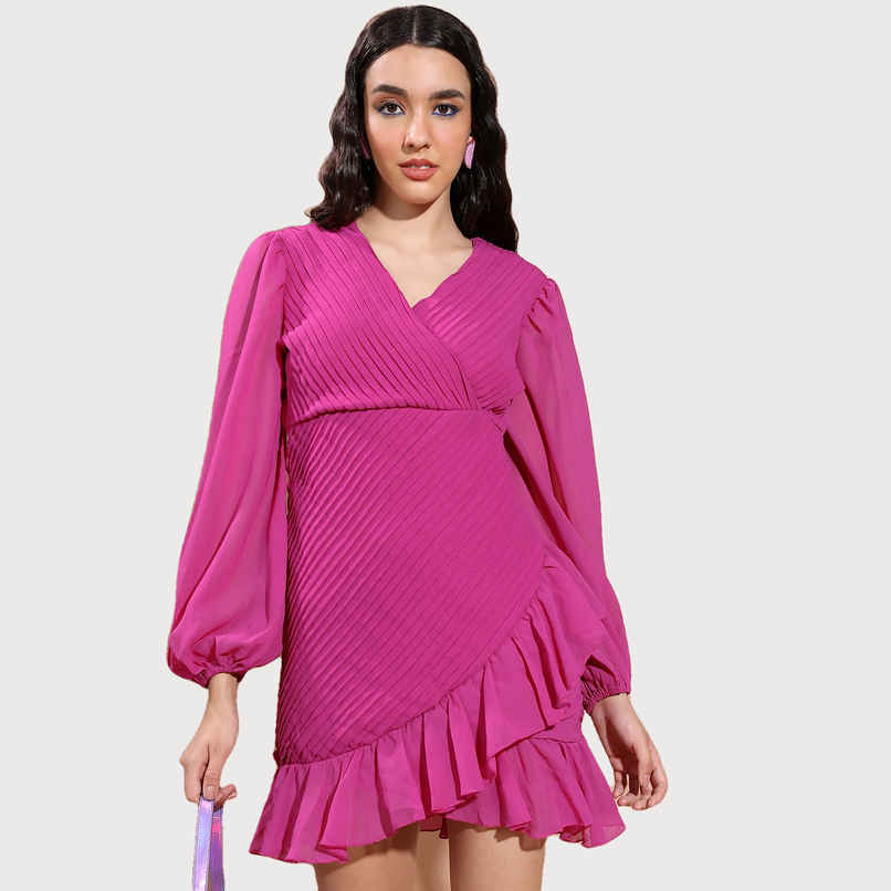 Ketch Women V-Neck Puff Sleeves A-Line Dress | Fuschia | L