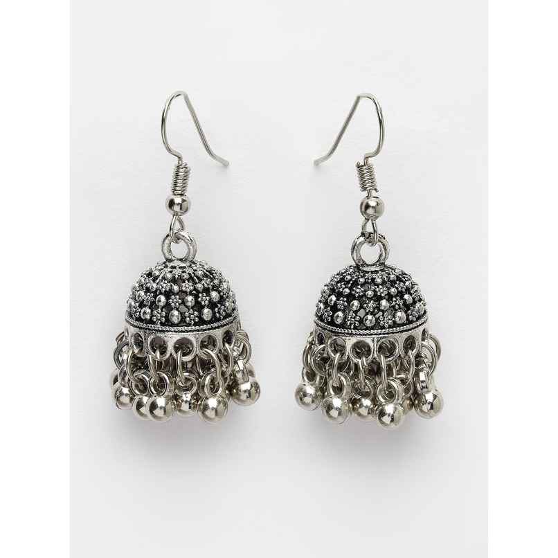 NVR Women's Silver-toned German Silver Oxidised Dome Shaped Jhumka Earrings | NVR2502