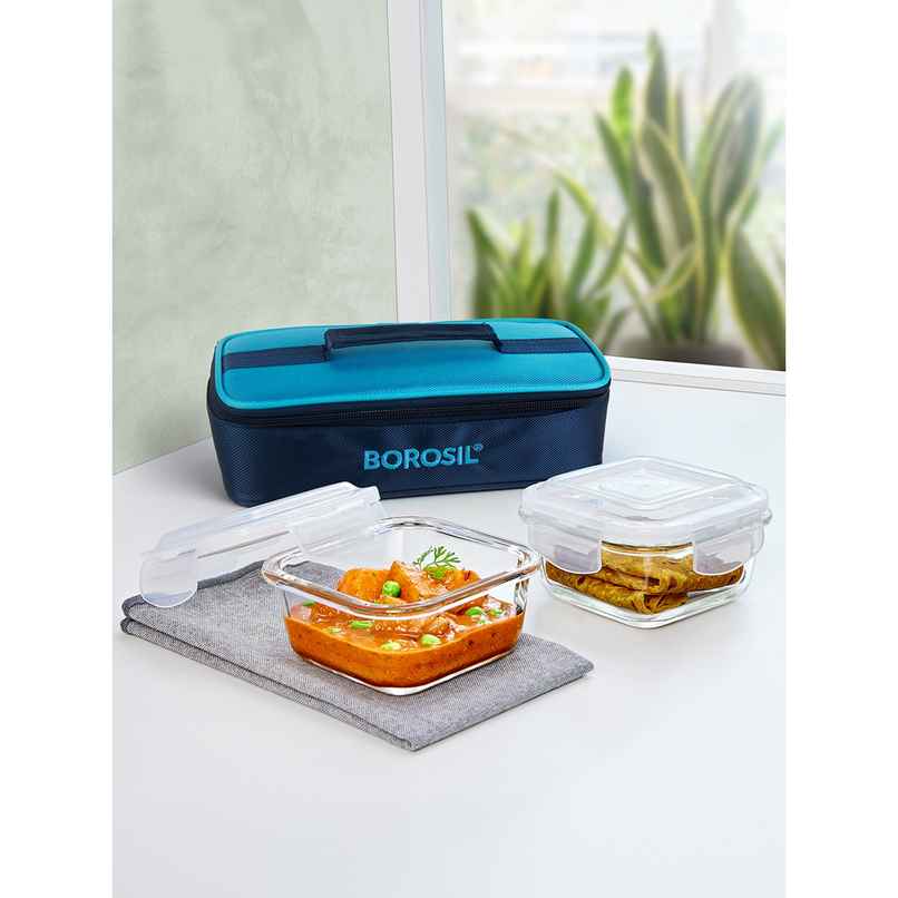 Borosil Alfa Lunchbox | 2 Pcs Glass Set | 320 ml x 2 Square Borosil Alfa Lunchbox | 2 Pcs Glass Set | 320 ml x 2 Square