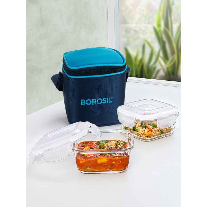 Borosil Alfa Lunchbox | 2 Pcs Glass Set | 320 ml x 2 | Square Borosil Alfa Lunchbox | 2 Pcs Glass Set | 320 ml x 2 | Square