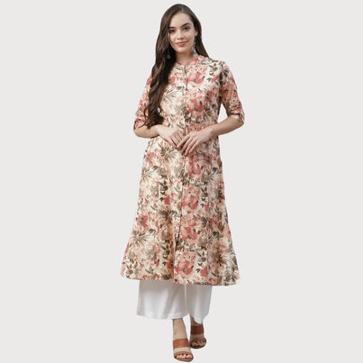 Divena Women s Cream Cotton Floral Print A-Line Kurta | DBK0336 | M Divena Women s Cream Cotton Floral Print A-Line Kurta | DBK0336 | M