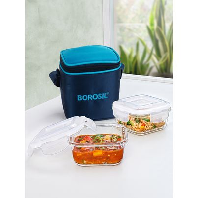 Borosil Alfa Lunchbox | 2 Pcs Glass Set | 320 ml x 2 | Square