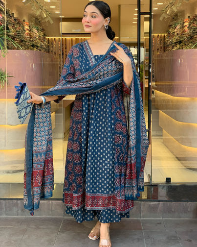 GoSriKi Women's Viscose Rayon Anarkali Printed Kurta with Pant & Dupatta | NAKULA | Blue - M GoSriKi Women's Viscose Rayon Anarkali Printed Kurta with Pant & Dupatta | NAKULA | Blue - M