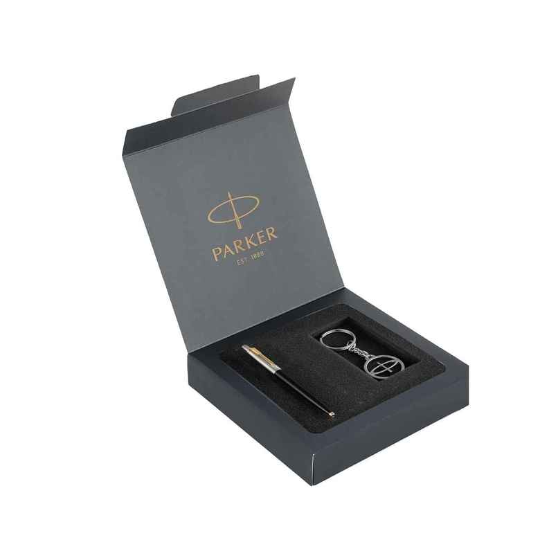 Parker Galaxy Standard Gold Trim Ball Pen with Silver Key Chain Gift Set | Ink Color- Blue