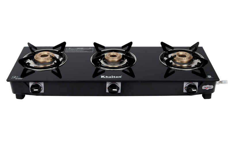 Khaitan 3 Burner BP Jio Toughened Glass | LPG Cooktop I Manual Ignition Stove | Black
