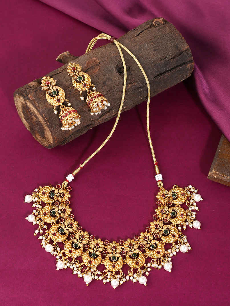 Yellow Chimes Pink and Green Stone Floral Choker Necklace Set for Women