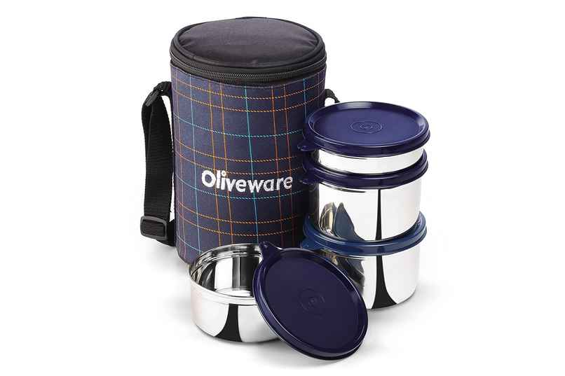 Oliveware Mega Lunch Box, 4 Stainless Steels- Blue