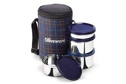 Oliveware Mega Lunch Box, 4 Stainless Steels- Blue