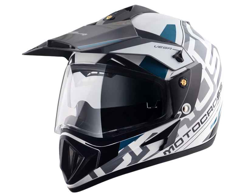 Vega Off-Road Motocross Lightweight Full Face Helmet-White Black & Blue- L