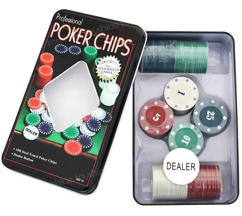 Toyshine Casino Style 100 Pcs Poker Chips Set in a Tin Case with 1 Dealer Button - 100 Chip Set