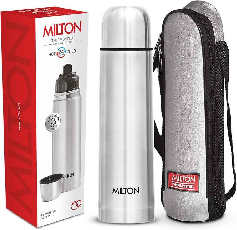 Milton Stainless Steel Flip Lid 750 Thermosteel Vacuum Insulated Flask with Jacket | Silver | 750 ml