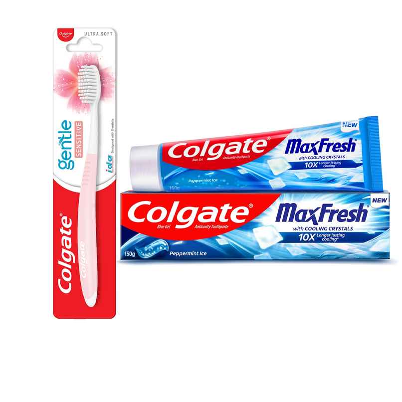 Colgate Sensitive Soft Bristles Toothbrush (1pc) & Colgate Maxfresh Toothpaste, Blue Gel Paste With Menthol For Super Fresh Breath (Peppermint Ice) (150g) Combo