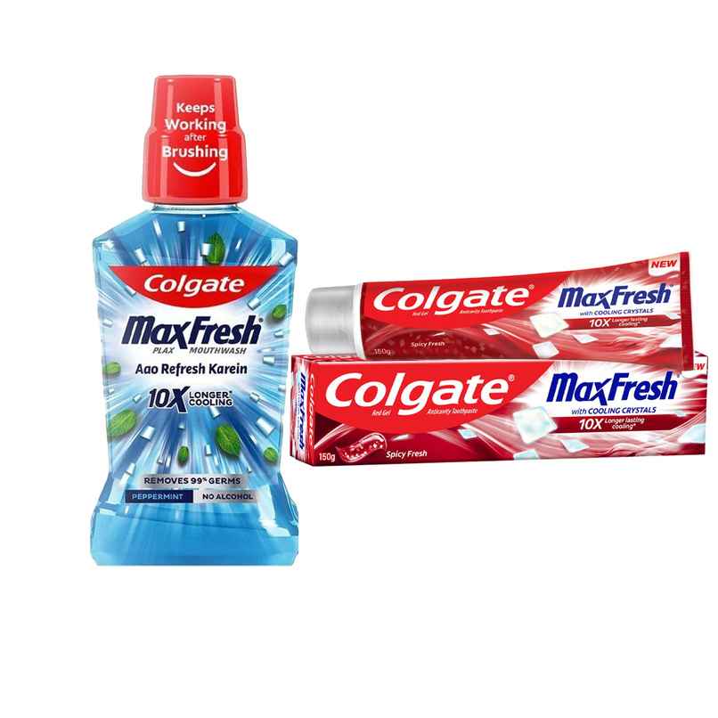 Colgate Maxfresh Toothpaste, Red Gel Paste With Menthol For Super Fresh Breath (Spicy Fresh) (150g) & Colgate Plax Peppermint Mouthwash (250ml) Combo