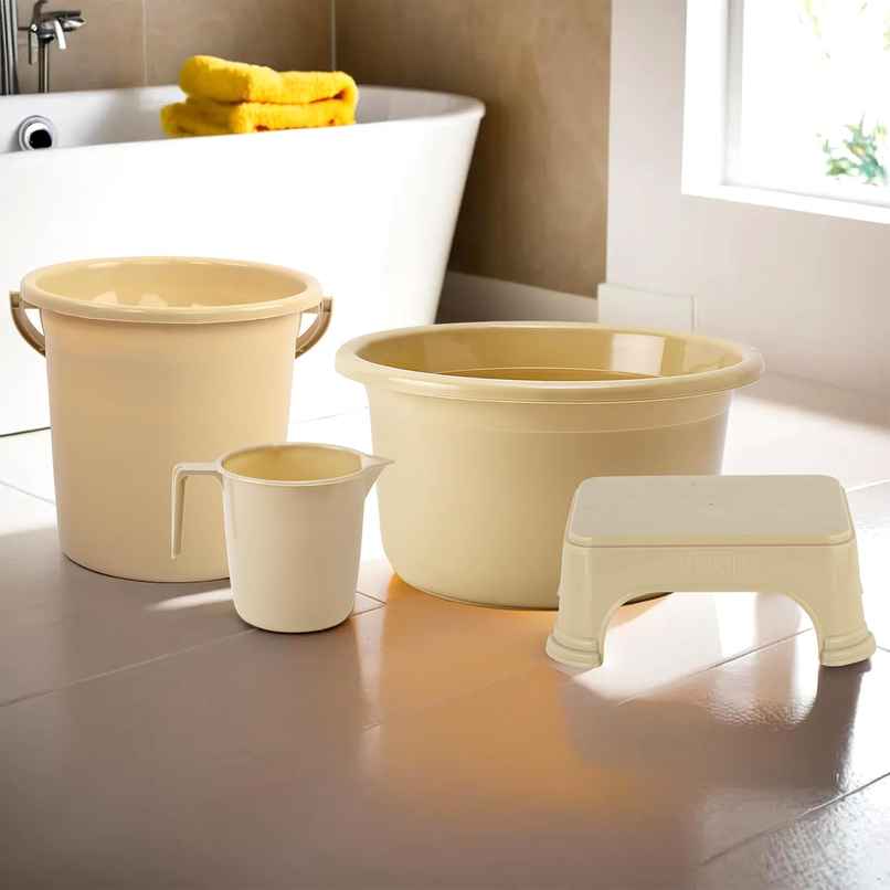 Kuber Industries Tub-Bucket with Mug & Stool Bathroom Combo Set|Set of 4|Beige