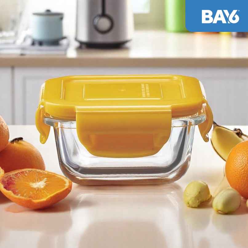 BAY6 Premium Imported Borosilicate Glass Container with Lid 150 ml - Square - Yellow