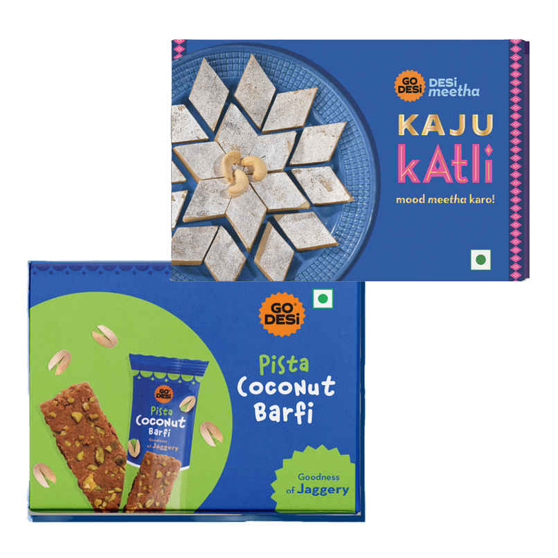 Pista Coconut Barfi, 8 Pcs | Burfi | Sweets | By Go Desi (96g) & Kaju Katli Classic | Kaju Barfi | Sweets | By Go Desi (200g) Combo