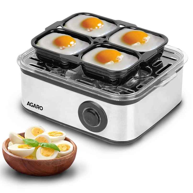 Agaro Grand Egg Boiler And Poacher, 500W, 2-in1 Boils 8 Eggs, Poach 4 Eggs, Steamed Vegetables, 3 Boiling Modes, Stainless Steel Body - Silver