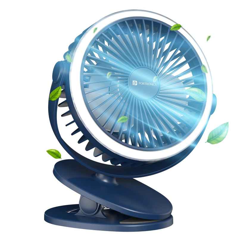 Portronics Clip Cool Portable Rechargeable Clip-on Fan with LED Ring Light | Type-C Charging | Blue