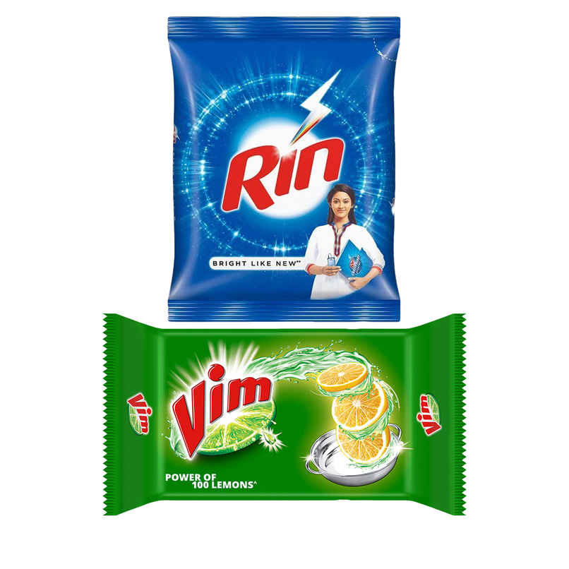 Vim Lemon Dishwash Bar (300g) & Rin Detergent Powder (1kg) Combo