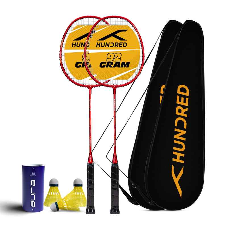 Hundred Powertek 200 | 2 Strung Rackets With 2 Full Covers With 3 Pc Aura Nylon Shuttlecocks Hundred Powertek 200 | 2 Strung Rackets With 2 Full Covers With 3 Pc Aura Nylon Shuttlecocks