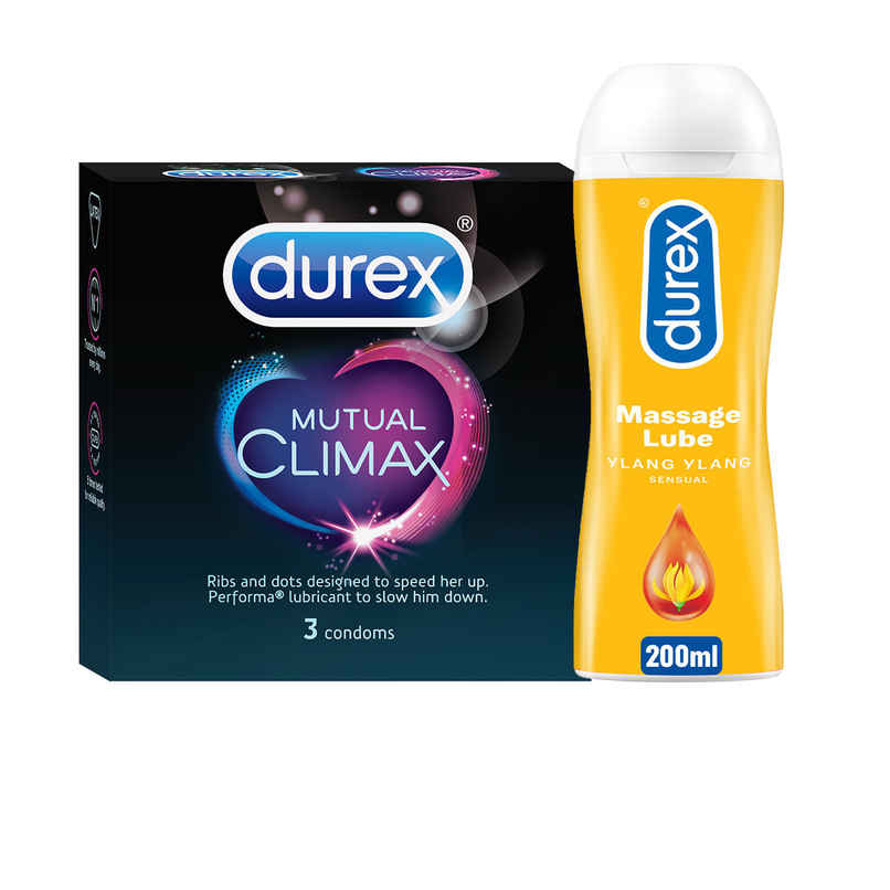 Durex Mutual Climax Condom - Long-Last Dotted Condoms (3pc) & Durex Lube- Sensual- Water Based Lubricant (200ml) Combo
